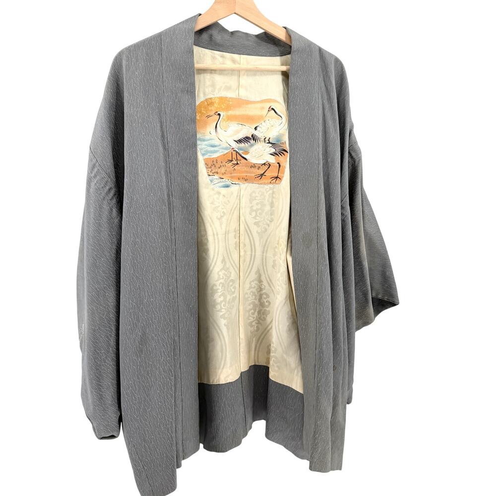 Vintage 70s Gray 100% Silk Boho Crane Art Lining Haori Kimono Jacket